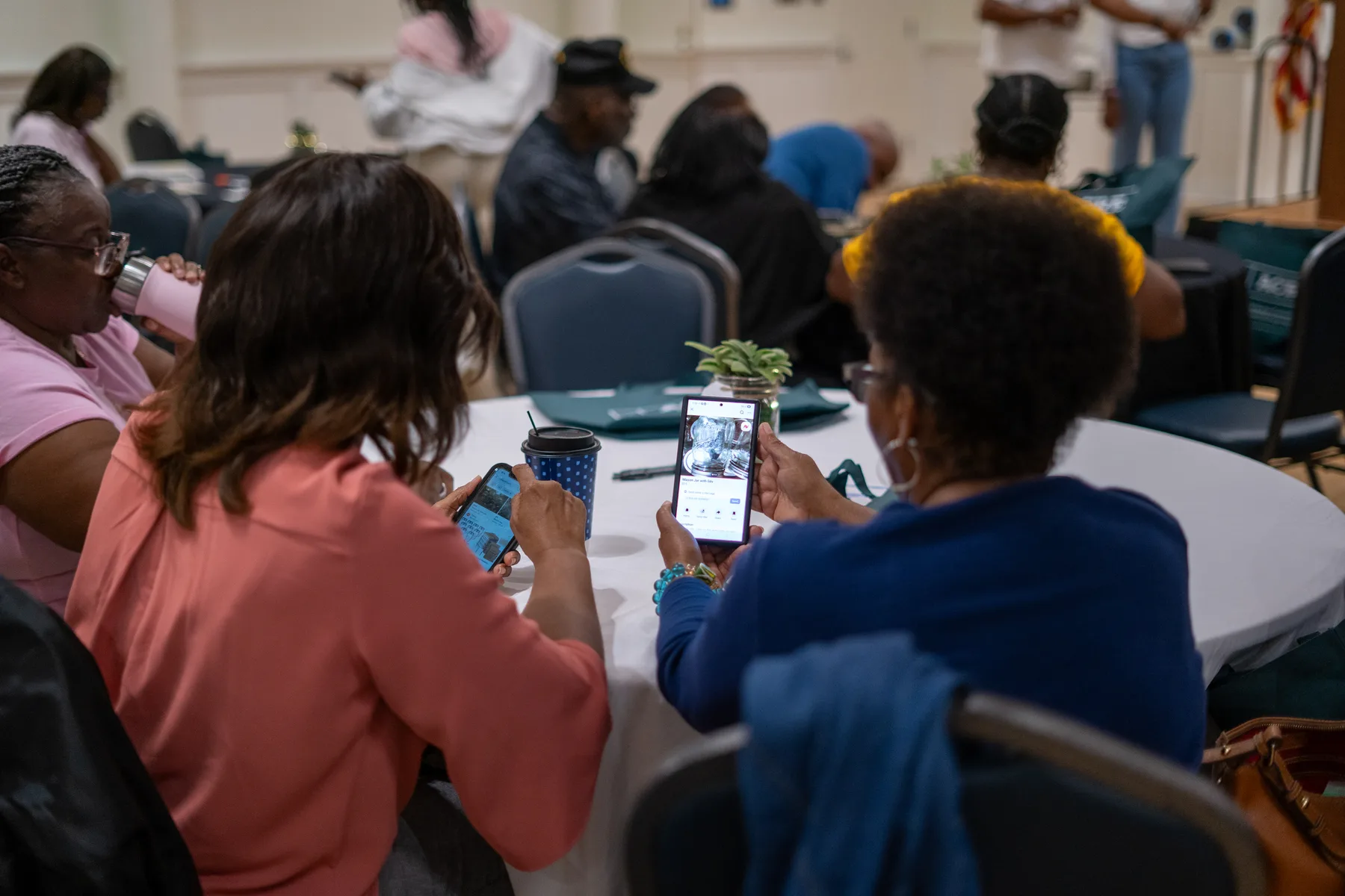 People photograph a small seedling at a table.