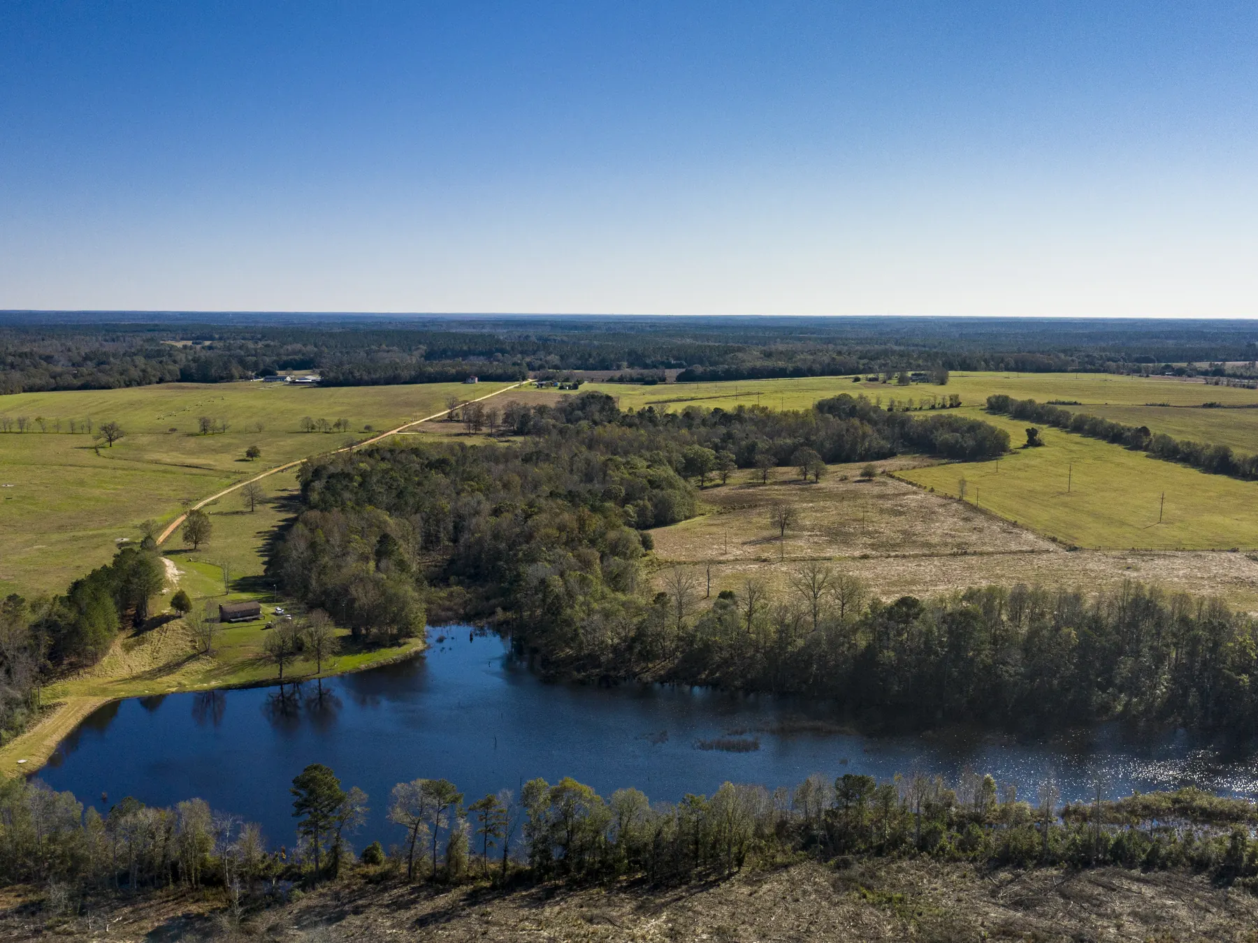Farm fields, tree lines, and a farm pond stretch toward the horizon in rural South Carolina.